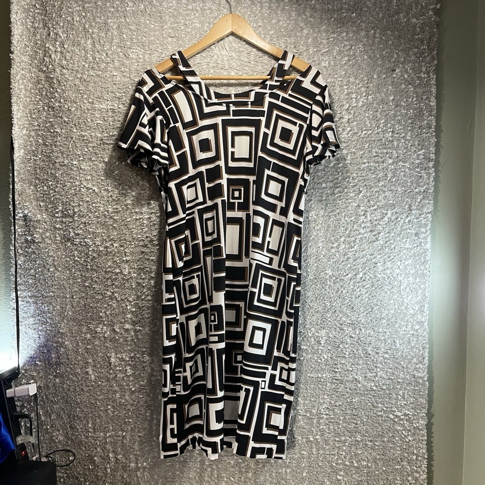 Chico's Cold Shoulder Shift Dress 2, L Preppy Vacation Geometric Polyesterβ